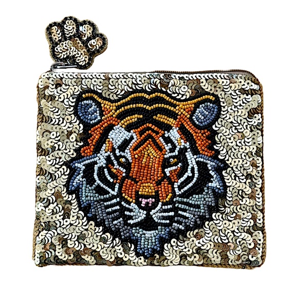 Tiger Coin Purse, Lily Posh Gold Sequin Tiger Coin Pouch, Game Day Coin Purse - Picture 1 of 3